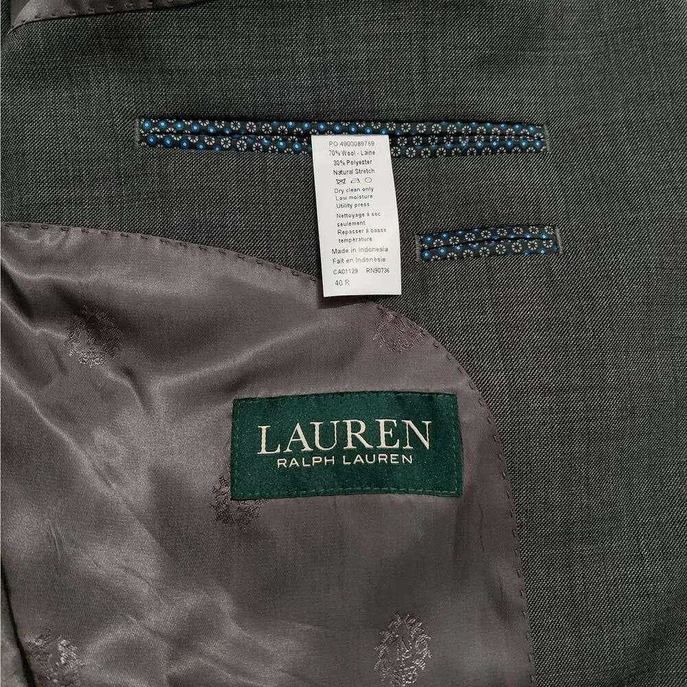 Lauren Ralph Lauren Mens Blazer Jacket Sz 40R Gray Wool Blend Ultraflex Stretch